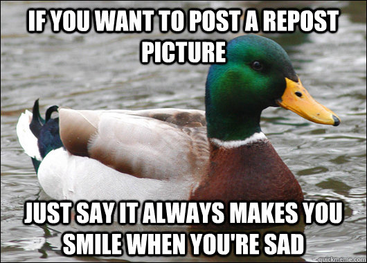 if you want to post a repost picture just say it always makes you smile when you're sad  Actual Advice Mallard