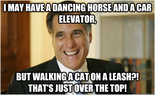 I may have a dancing horse and a car elevator, but walking a cat on a leash?! That's just over the top!  Mitt Romney