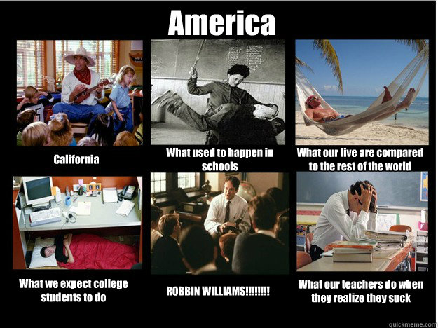 America California What used to happen in schools What our live are compared to the rest of the world What we expect college students to do ROBBIN WILLIAMS!!!!!!!! What our teachers do when they realize they suck  What People Think I Do