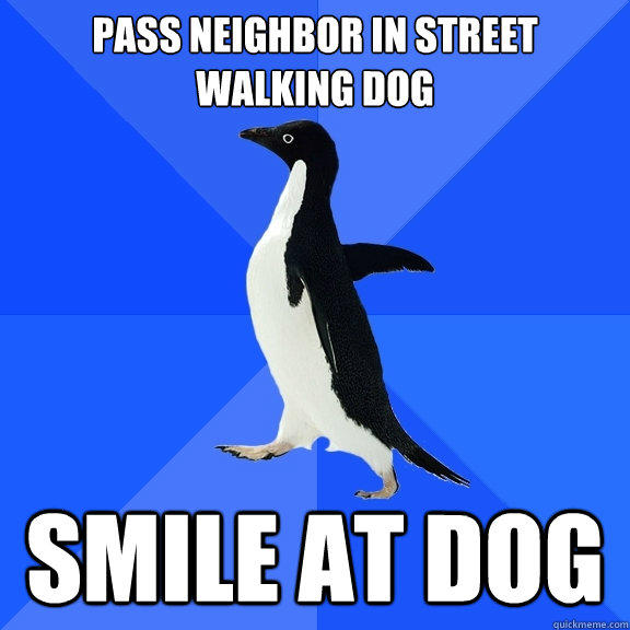 Pass neighbor in street walking dog SMILE AT DOG  