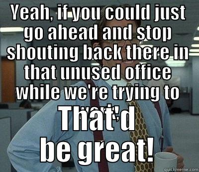 YEAH, IF YOU COULD JUST GO AHEAD AND STOP SHOUTING BACK THERE IN THAT UNUSED OFFICE WHILE WE'RE TRYING TO WORK, THAT'D BE GREAT! Bill Lumbergh
