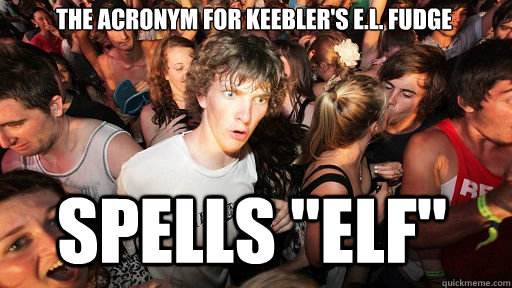 The acronym for Keebler's E.L. Fudge
 Spells 