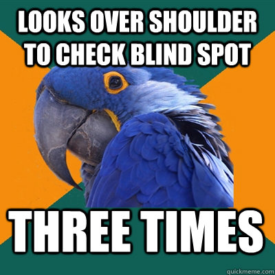 looks over shoulder to check blind spot three times  Paranoid Parrot
