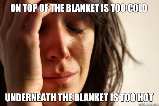 On top of the blanket is too cold Underneath the blanket is too hot  First World Problems