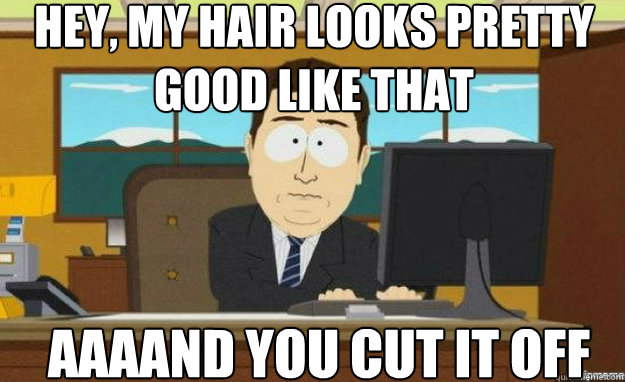 hey, my hair looks pretty good like that AAAAND you cut it off  aaaand its gone
