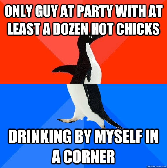 Only guy at party with at least a dozen hot chicks drinking by myself in a corner  Socially Awesome Awkward Penguin