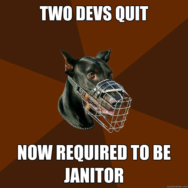 TWO DEVS QUIT NOW REQUIRED TO BE JANITOR - TWO DEVS QUIT NOW REQUIRED TO BE JANITOR  Developer Doberman