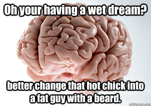 Oh your having a wet dream? better change that hot chick into a fat guy with a beard.   Scumbag Brain