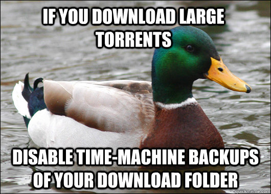 If you download large torrents disable time-machine backups of your download folder  Actual Advice Mallard