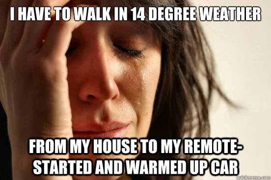 I have to walk in 14 degree weather from my house to my remote-started and warmed up car  First World Problems