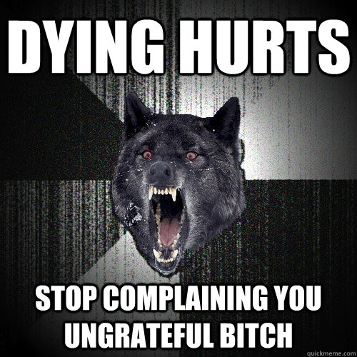 dying hurts stop complaining you ungrateful bitch  Insanity Wolf