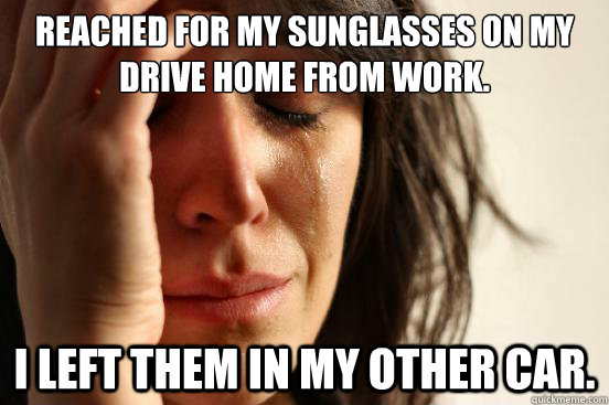 reached for my sunglasses on my drive home from work. i left them in my other car. - reached for my sunglasses on my drive home from work. i left them in my other car.  First World Problems