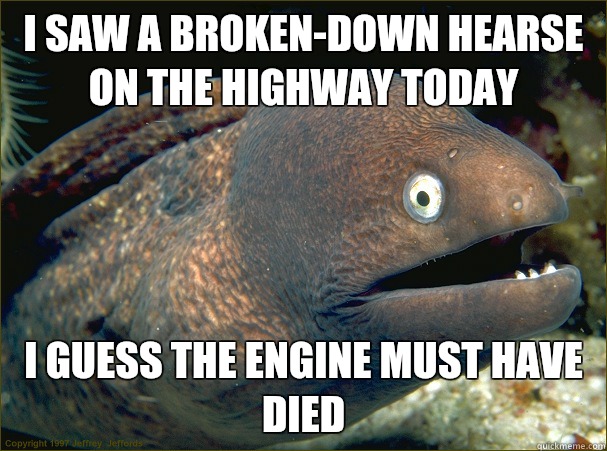 I saw a broken-down hearse on the highway today I guess the engine must have died  Bad Joke Eel