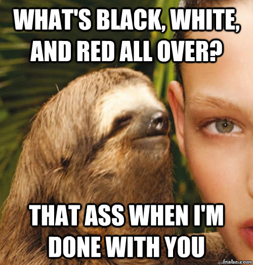 What's black, white, and red all over? That ass when i'm done with you  rape sloth