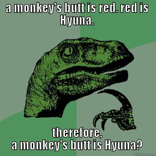 A MONKEY'S BUTT IS RED. RED IS HYUNA. THEREFORE, A MONKEY'S BUTT IS HYUNA? Philosoraptor