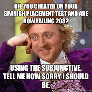Oh, you cheated on your Spanish placement test and are now failing 203? Using the subjunctive, tell me how sorry I should be.  - Oh, you cheated on your Spanish placement test and are now failing 203? Using the subjunctive, tell me how sorry I should be.   Condescending Wonka