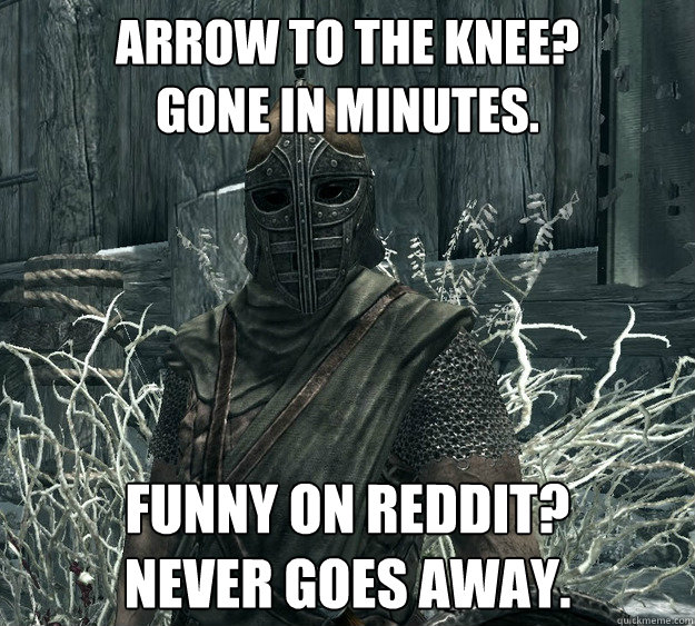 Arrow to the knee?
gone in minutes. Funny on reddit?
Never goes away. - Arrow to the knee?
gone in minutes. Funny on reddit?
Never goes away.  Skyrim Guard