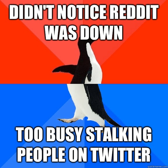 Didn't notice Reddit was down Too busy stalking people on Twitter  Socially Awesome Awkward Penguin