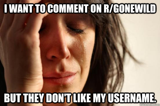 I want to comment on r/gonewild But They don't like my username.  First World Problems