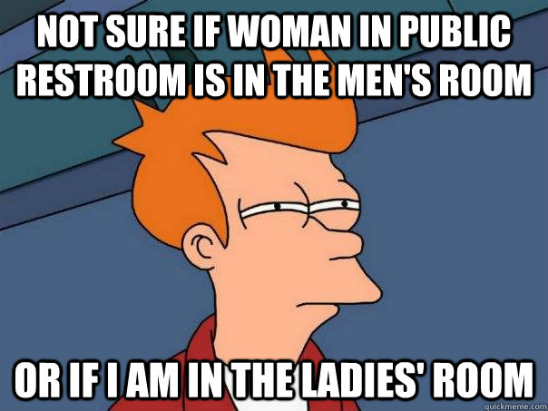 Not sure if woman in public restroom is in the men's room or if i am in the ladies' room  Futurama Fry