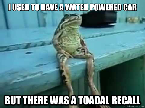 I Used to have a water powered car but there was a toadal recall  SITTING FROG