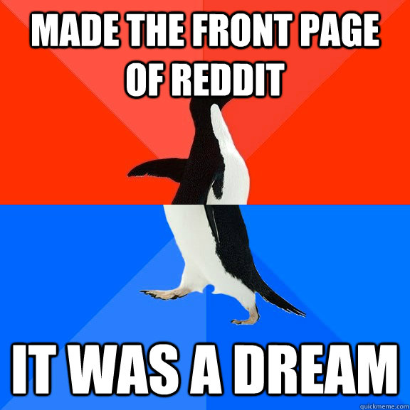 Made the front page of reddit it was a dream  Socially Awesome Awkward Penguin