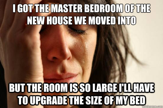 i got the master bedroom of the new house we moved into but the room is so large i'll have to upgrade the size of my bed  First World Problems