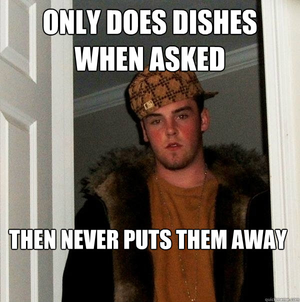 only does dishes when asked then never puts them away  Scumbag Steve