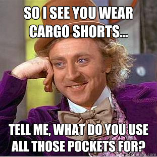 So I see you wear cargo shorts... Tell me, what do you use all those pockets for? - So I see you wear cargo shorts... Tell me, what do you use all those pockets for?  Condescending Wonka