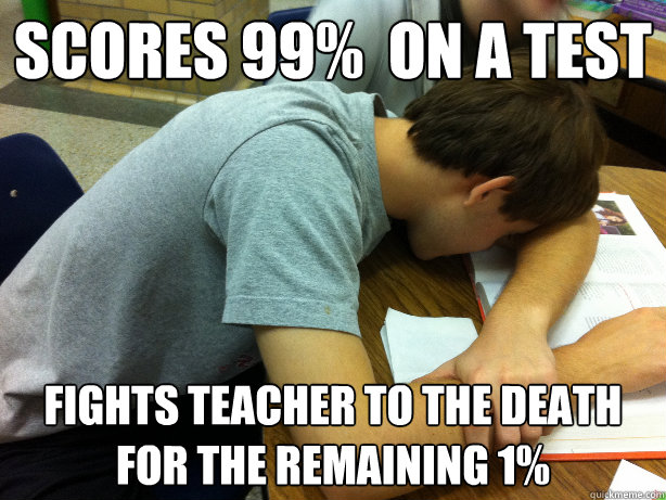 Scores 99%  on a test Fights teacher to the death for the remaining 1%  Self-pity Justin