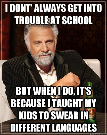 i dont' always get into trouble at school but when I do, it's because i taught my kids to swear in different languages  The Most Interesting Man In The World