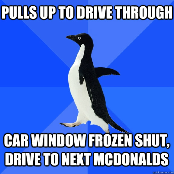 pulls up to drive through car window frozen shut, drive to next McDonalds    Socially Awkward Penguin