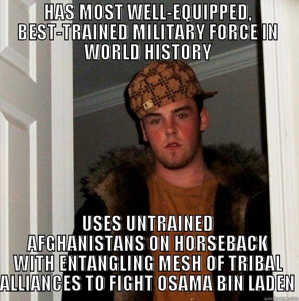 HAS MOST WELL-EQUIPPED, BEST-TRAINED MILITARY FORCE IN WORLD HISTORY USES UNTRAINED AFGHANISTANS ON HORSEBACK WITH ENTANGLING MESH OF TRIBAL ALLIANCES TO FIGHT OSAMA BIN LADEN Scumbag Steve