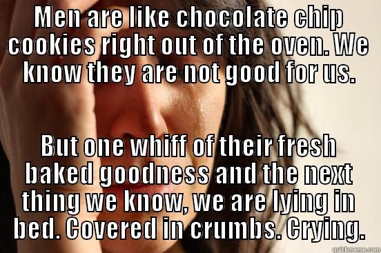 MEN ARE LIKE CHOCOLATE CHIP COOKIES RIGHT OUT OF THE OVEN. WE KNOW THEY ARE NOT GOOD FOR US. BUT ONE WHIFF OF THEIR FRESH BAKED GOODNESS AND THE NEXT THING WE KNOW, WE ARE LYING IN BED. COVERED IN CRUMBS. CRYING. First World Problems