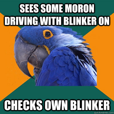 sees some moron driving with blinker on checks own blinker  Paranoid Parrot