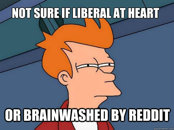 not sure if liberal at heart or brainwashed by reddit  Futurama Fry