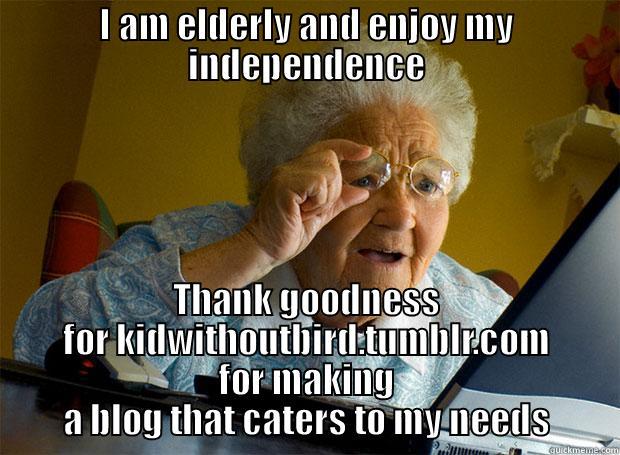 I AM ELDERLY AND ENJOY MY INDEPENDENCE THANK GOODNESS FOR KIDWITHOUTBIRD.TUMBLR.COM FOR MAKING A BLOG THAT CATERS TO MY NEEDS Grandma finds the Internet