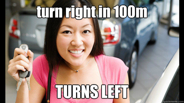 turn right in 100m TURNS LEFT - turn right in 100m TURNS LEFT  Female Asian Driver