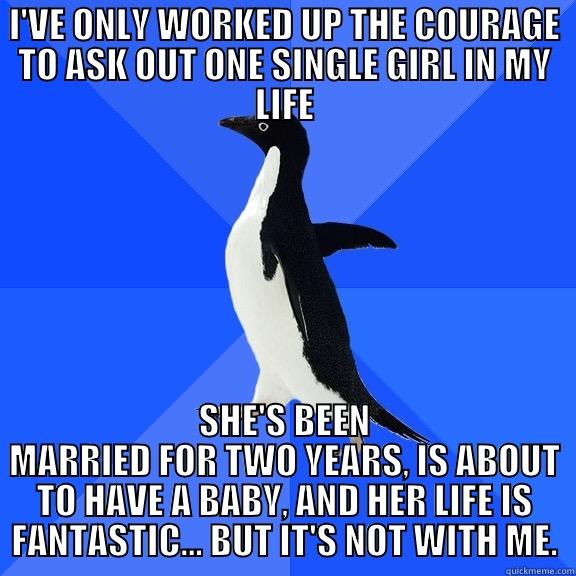 I'VE ONLY WORKED UP THE COURAGE TO ASK OUT ONE SINGLE GIRL IN MY LIFE SHE'S BEEN MARRIED FOR TWO YEARS, IS ABOUT TO HAVE A BABY, AND HER LIFE IS FANTASTIC… BUT IT'S NOT WITH ME. Socially Awkward Penguin