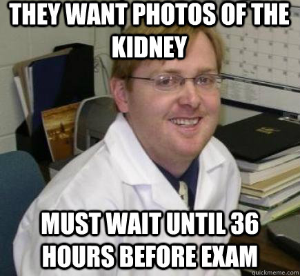 They want photos of the kidney must wait until 36 hours before exam - They want photos of the kidney must wait until 36 hours before exam  The Hunter