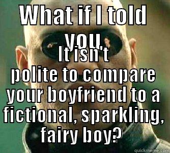 WHAT IF I TOLD YOU IT ISN'T POLITE TO COMPARE YOUR BOYFRIEND TO A FICTIONAL, SPARKLING, FAIRY BOY?  Matrix Morpheus