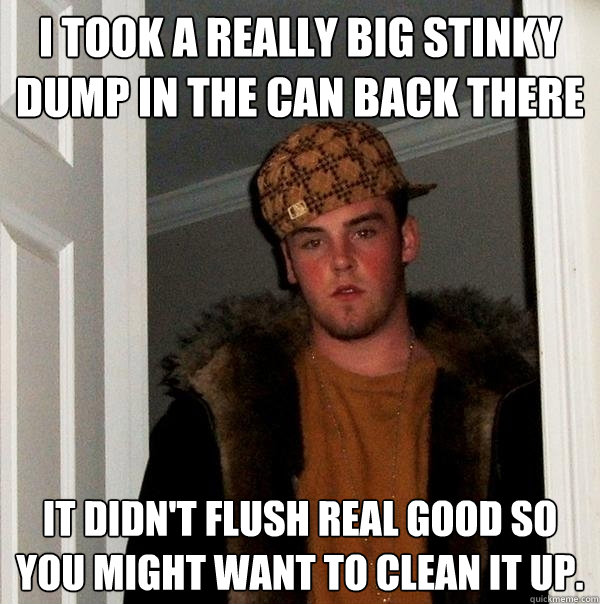 I took a really big stinky dump in the can back there It didn't flush real good so you might want to clean it up.      Scumbag Steve