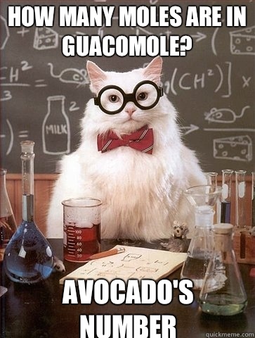 How many moles are in guacomole? Avocado's number  Chemistry Cat
