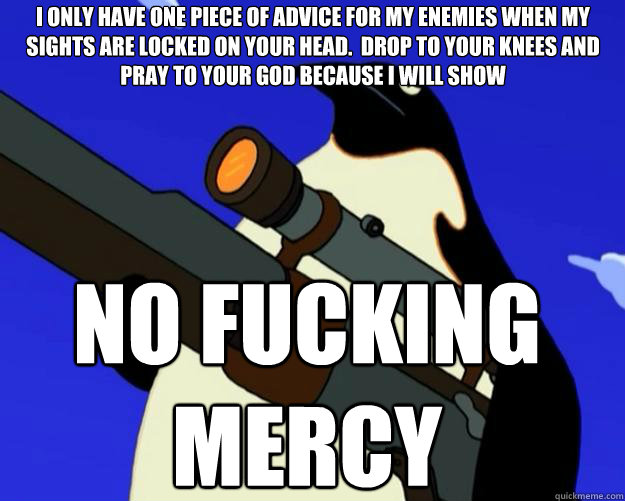 NO FUCKING MERCY I ONLY HAVE ONE PIECE OF ADVICE FOR MY ENEMIES WHEN MY SIGHTS ARE LOCKED ON YOUR HEAD.  DROP TO YOUR KNEES AND PRAY TO YOUR GOD BECAUSE I WILL SHOW  SAP NO MORE