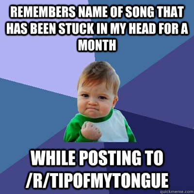Remembers name of song that has been stuck in my head for a month while posting to /r/tipofmytongue - Remembers name of song that has been stuck in my head for a month while posting to /r/tipofmytongue  Success Kid