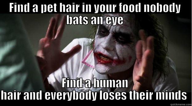 FIND A PET HAIR IN YOUR FOOD NOBODY BATS AN EYE FIND A HUMAN HAIR AND EVERYBODY LOSES THEIR MINDS  Joker Mind Loss