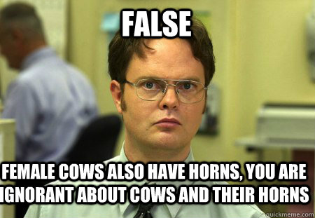 False  Female cows also have horns, you are ignorant about cows and their horns   Schrute