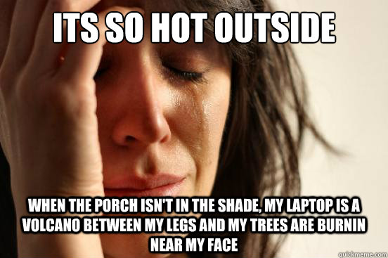 its so hot outside when the porch isn't in the shade, my laptop is a volcano between my legs and my trees are burnin near my face  First World Problems