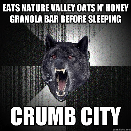 eats nature valley oats n' honey granola bar before sleeping crumb city  Insanity Wolf