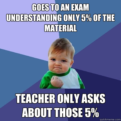 Goes to an exam understanding only 5% of the material Teacher only asks about those 5%  Success Kid